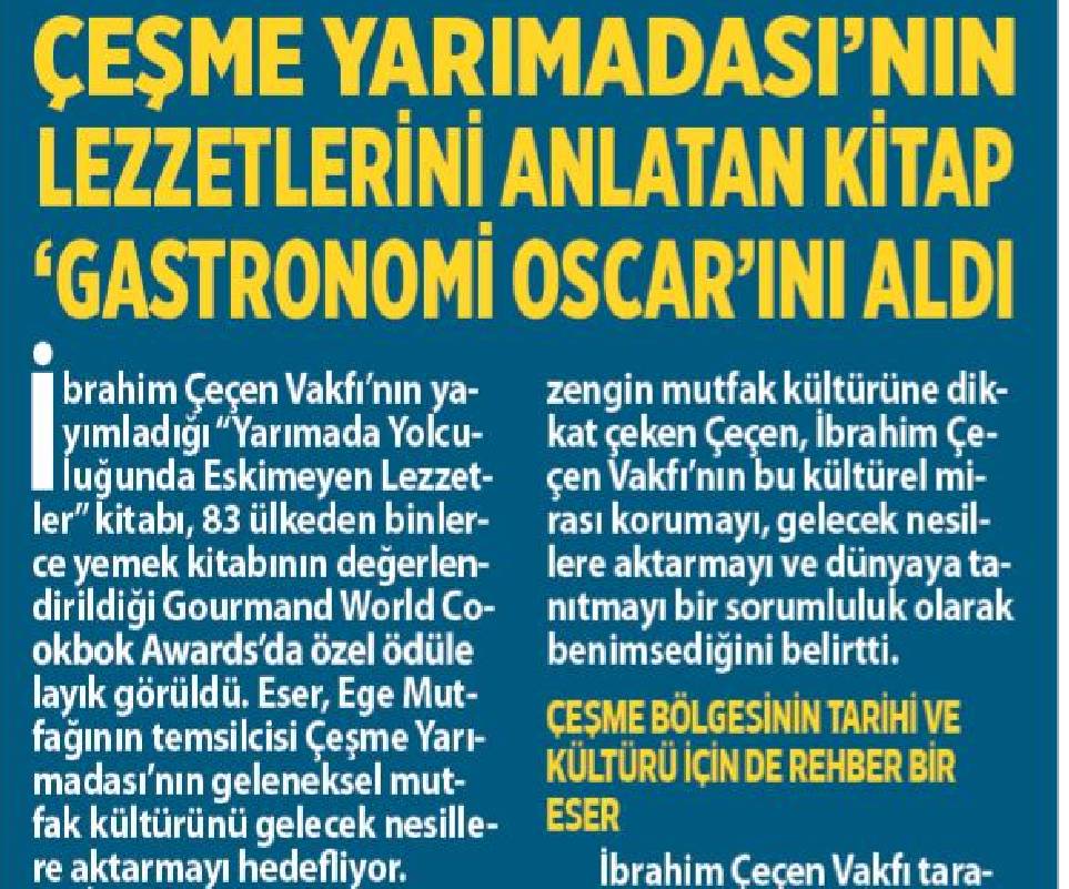 Çeşme Yarımadası'nın Lezzetlerini Anlatan Kitap Gastronomi Oscar'ını Aldı